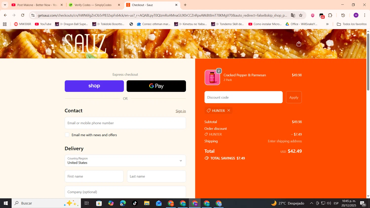 Sauz promo code screenshot showing code Hunter applied at Sauz checkout page. Uploaded by SimplyCodes community member cod_gakpo on Dec 21, 2025