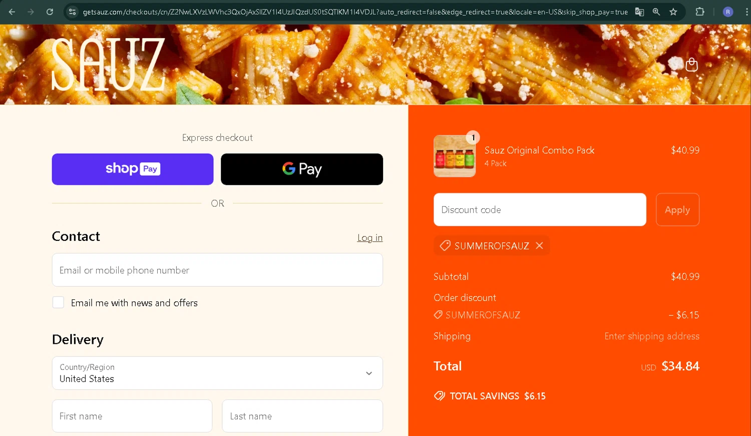 Sauz promo code screenshot showing code SUMMEROFSAUZ applied at Sauz checkout page. Uploaded by SimplyCodes community member CoinPilot9113 on Jun 29, 2025