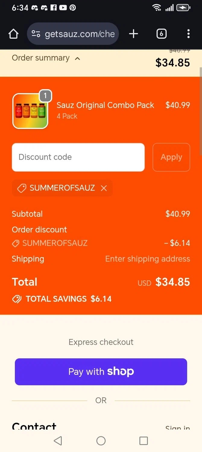 Sauz checkout page showing Sauz promo code box | Screenshot taken by SimplyCodes community member on Jan 10, 2026