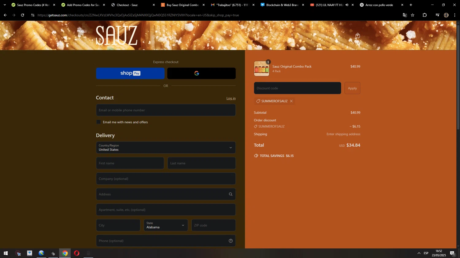 Sauz promo code screenshot showing code SUMMEROFSAUZ applied at Sauz checkout page. Uploaded by SimplyCodes community member MarcosAranguren on May 23, 2025
