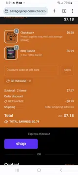 Savage Jerky Co. coupon verification screenshot