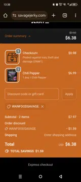 Savage Jerky Co. coupon verification screenshot