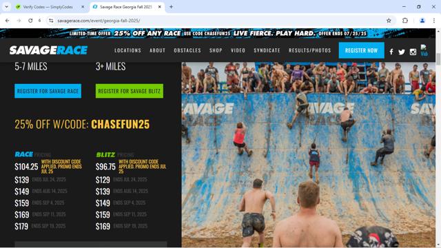 Savage Race checkout page showing Savage Race promo code box | Screenshot taken by SimplyCodes community member on Jul 13, 2025