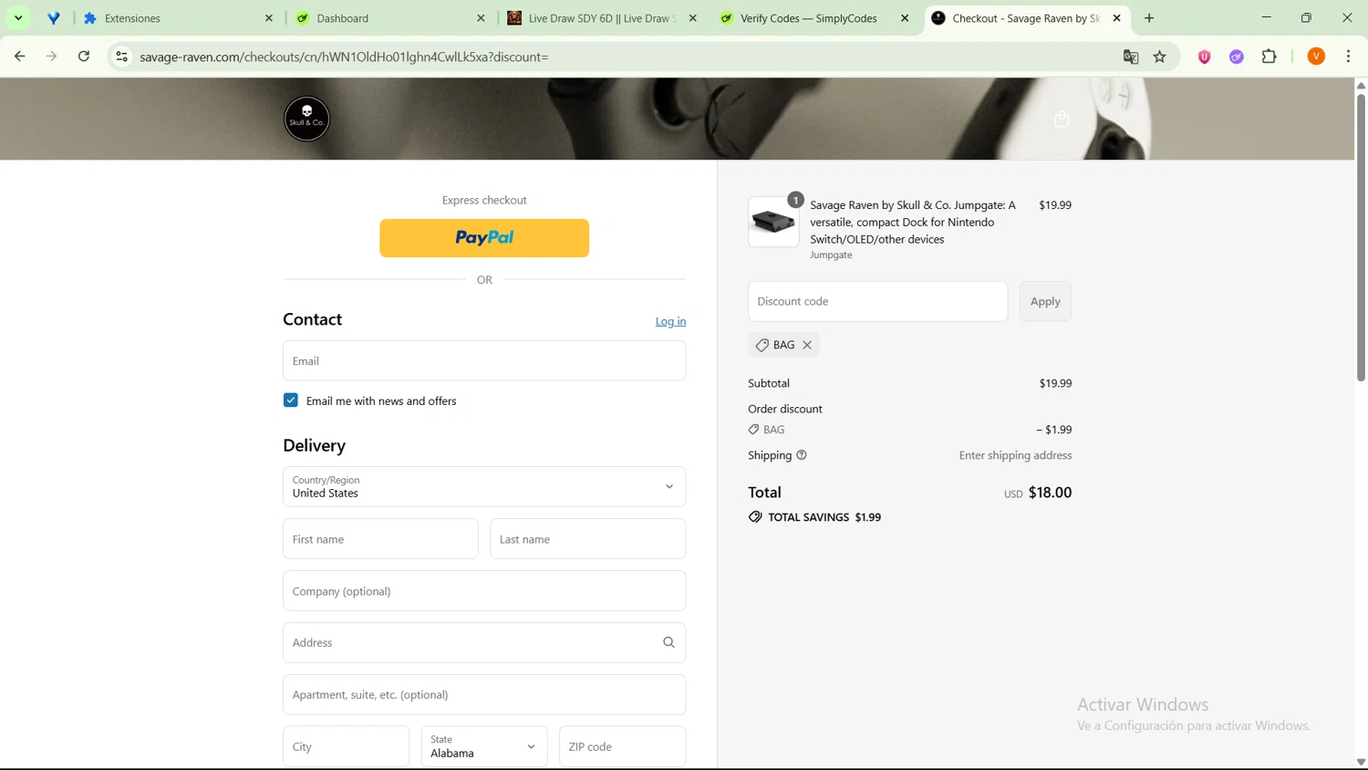 Savage Raven promo code screenshot showing code BAG applied at Savage Raven checkout page. Uploaded by SimplyCodes community member MightyPro2893 on Aug 4, 2025
