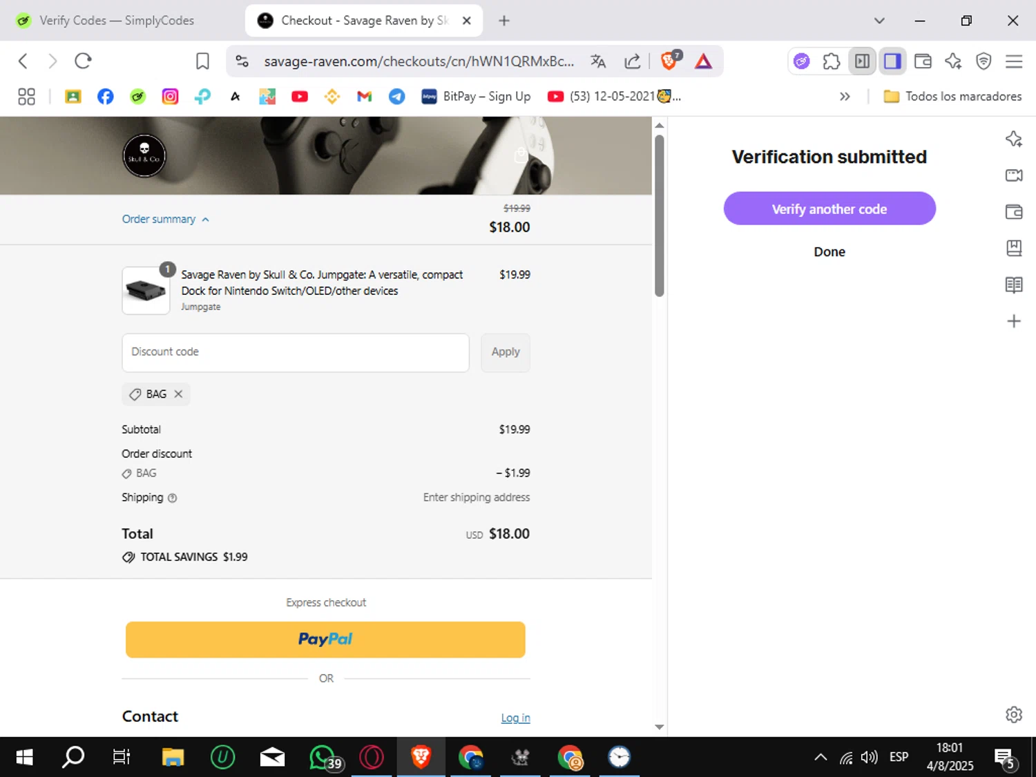 Savage Raven promo code screenshot showing code BAG applied at Savage Raven checkout page. Uploaded by SimplyCodes community member Sungjinwoo on Aug 4, 2025
