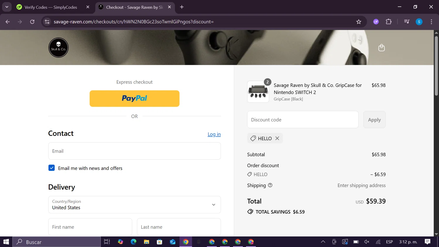 Savage Raven promo code screenshot showing code HELLO applied at Savage Raven checkout page. Uploaded by SimplyCodes community member CodeExpert981 on Aug 29, 2025