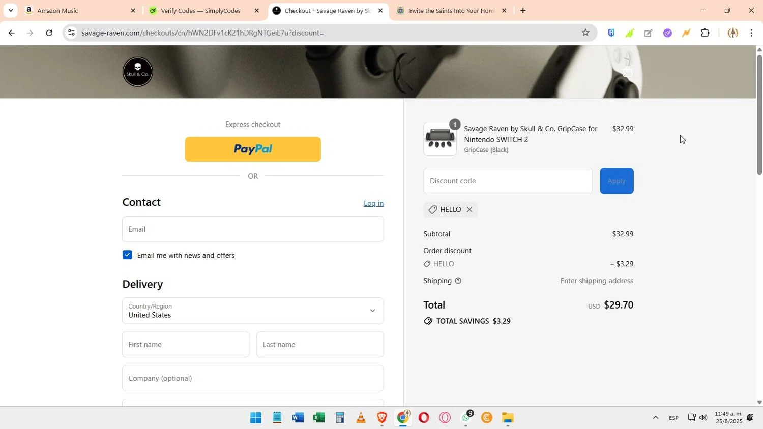 Savage Raven promo code screenshot showing code HELLO applied at Savage Raven checkout page. Uploaded by SimplyCodes community member Elimix on Aug 25, 2025