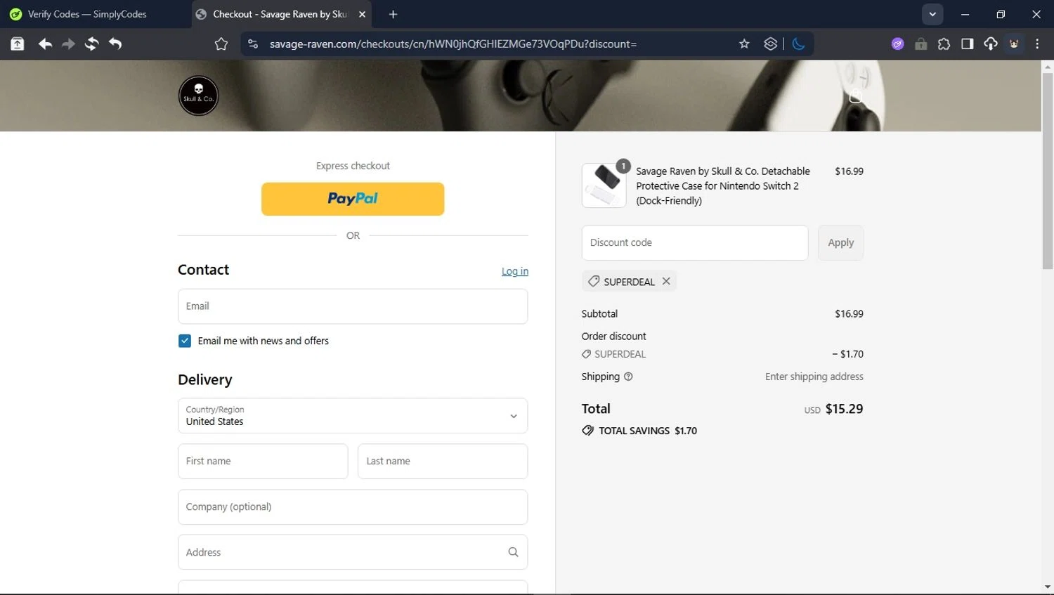 Savage Raven promo code screenshot showing code SUPERDEAL applied at Savage Raven checkout page. Uploaded by SimplyCodes community member CleverPioneer8971 on Jul 17, 2025