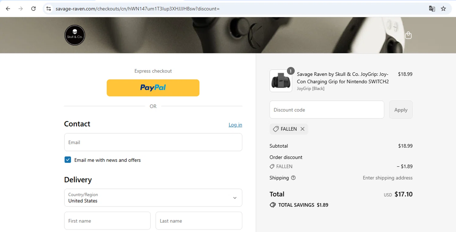 Savage Raven promo code screenshot showing code FALLEN applied at Savage Raven checkout page. Uploaded by SimplyCodes community member carol_lameda on Jul 26, 2025