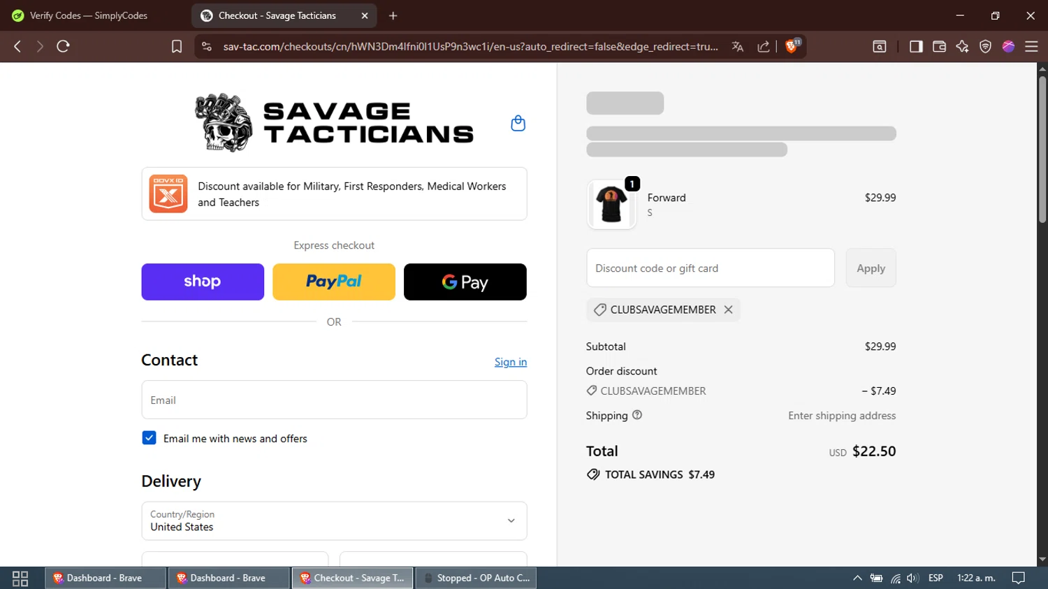 Savage Tacticians discount code screenshot showing code CLUBSAVAGEMEMBER applied at Savage Tacticians checkout page. Uploaded by SimplyCodes community member Alfred on Sep 21, 2025