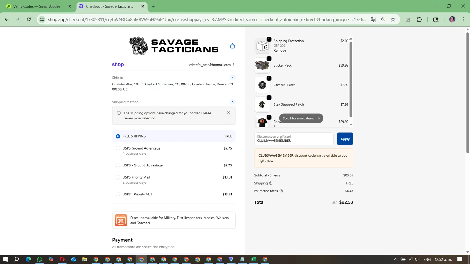 Savage Tacticians discount code screenshot showing code CLUBSAVAGEMEMBER applied at Savage Tacticians checkout page. Uploaded by SimplyCodes community member Mari_perez on Sep 21, 2025