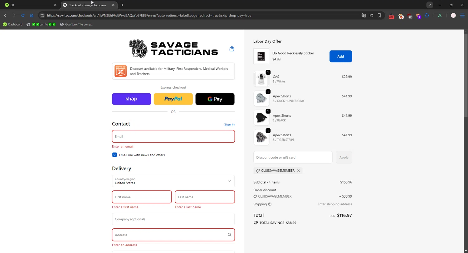 Savage Tacticians discount code screenshot showing code CLUBSAVAGEMEMBER applied at Savage Tacticians checkout page. Uploaded by SimplyCodes community member connyshan2154 on Sep 21, 2025