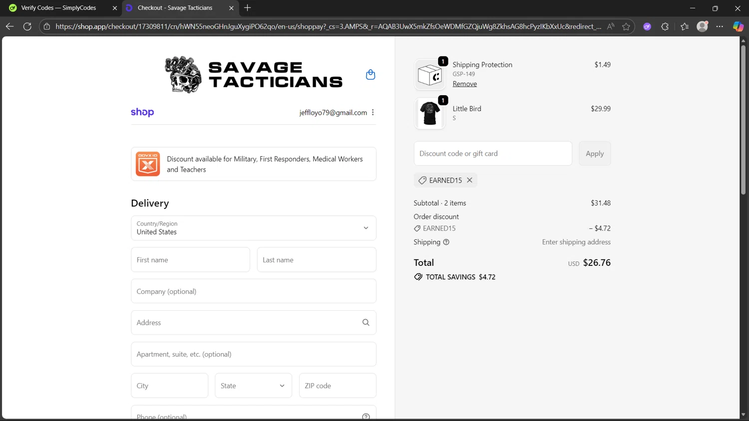 Savage Tacticians discount code screenshot showing code EARNED15 applied at Savage Tacticians checkout page. Uploaded by SimplyCodes community member Sisisiisi on Nov 9, 2025