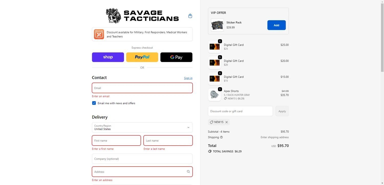 Savage Tacticians discount code screenshot showing code NEW15 applied at Savage Tacticians checkout page. Uploaded by SimplyCodes community member PromoAdmiral6652 on Nov 30, 2025