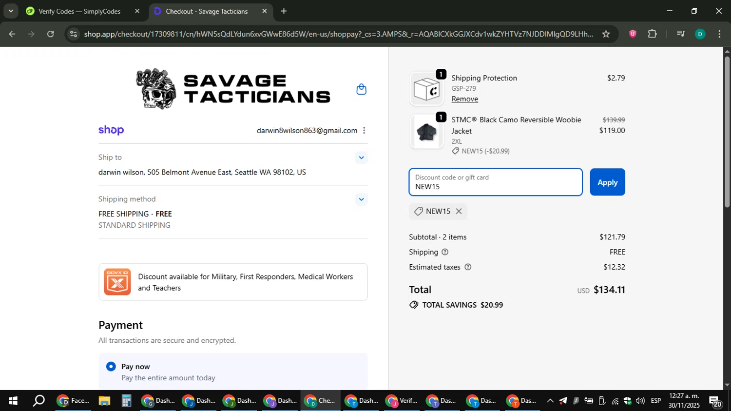 Savage Tacticians discount code screenshot showing code NEW15 applied at Savage Tacticians checkout page. Uploaded by SimplyCodes community member ThriftyLion6776 on Nov 30, 2025
