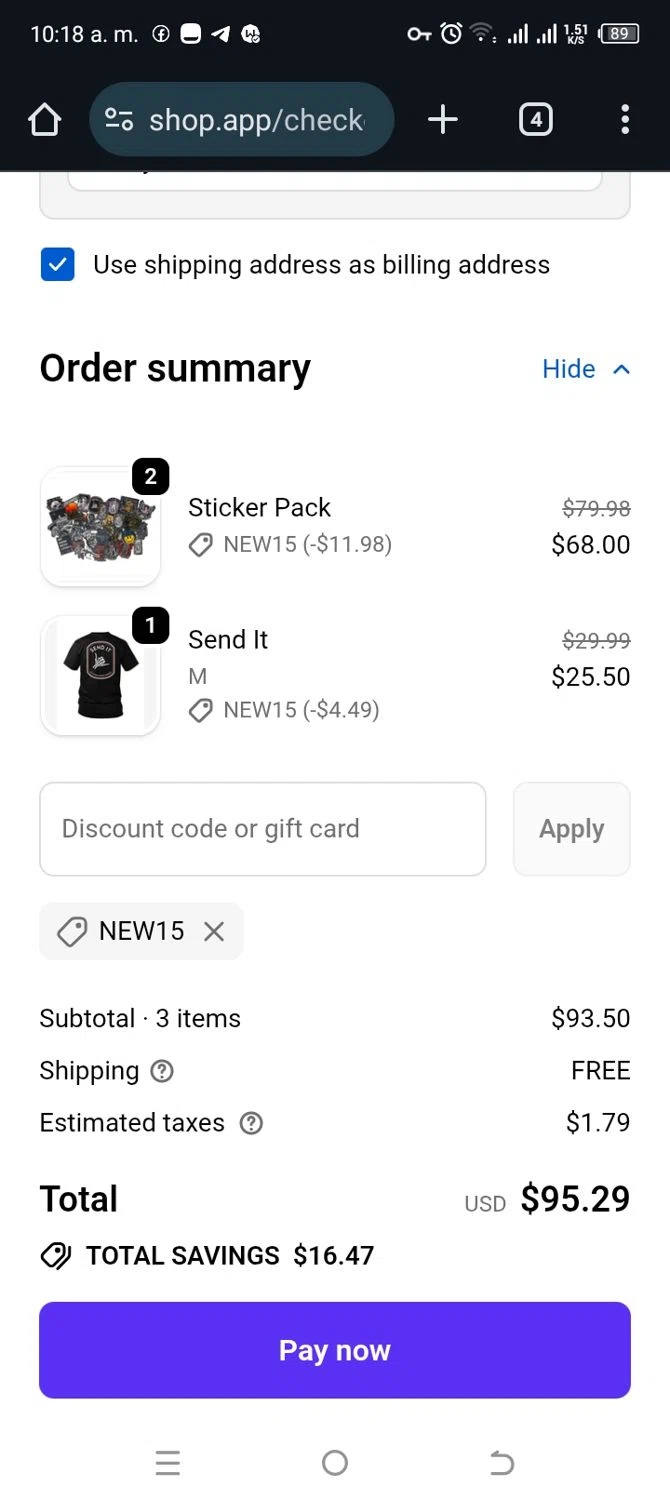 Savage Tacticians discount code screenshot showing code NEW15 applied at Savage Tacticians checkout page. Uploaded by SimplyCodes community member MightyBoss5795 on Oct 22, 2025