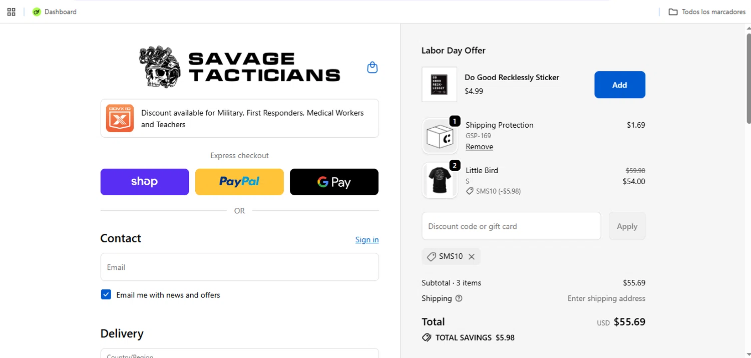 Savage Tacticians discount code screenshot showing code SMS10 applied at Savage Tacticians checkout page. Uploaded by SimplyCodes community member Speedy on Nov 13, 2025