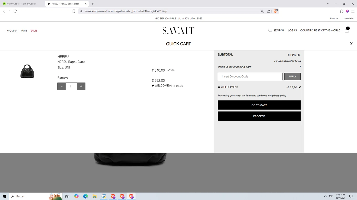 Savait discount code screenshot showing code WELCOME10 applied at Savait checkout page. Uploaded by SimplyCodes community member jHjJJJhgPlDmsdUYitrNMASDll on Apr 15, 2025