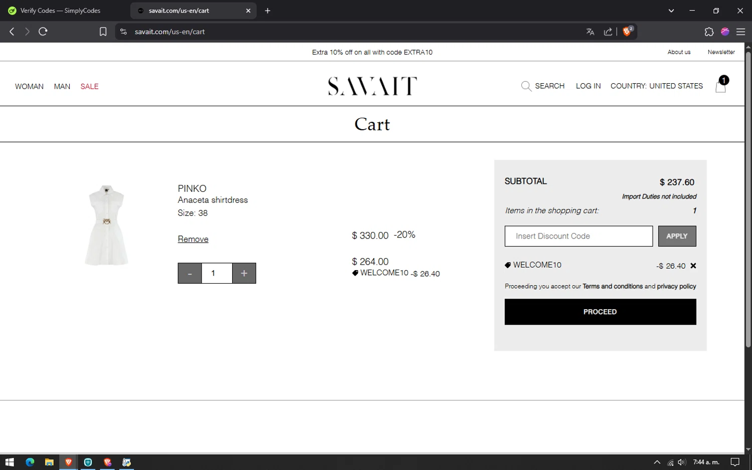 Savait discount code screenshot showing code WELCOME10 applied at Savait checkout page. Uploaded by SimplyCodes community member lareinadecupones on Jun 12, 2025