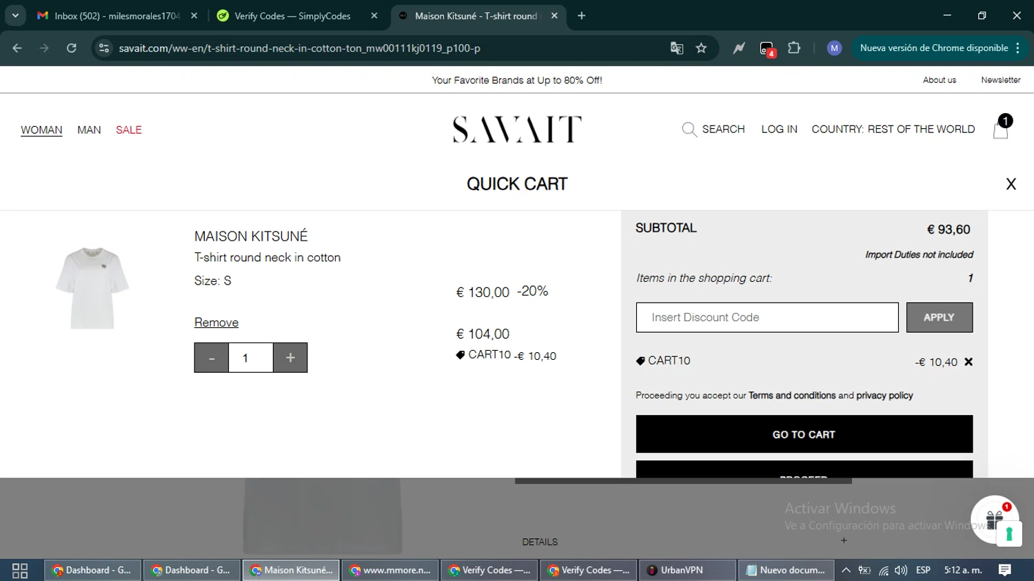 Savait discount code screenshot showing code CART10 applied at Savait checkout page. Uploaded by SimplyCodes community member PrimeFox5260 on Nov 14, 2025