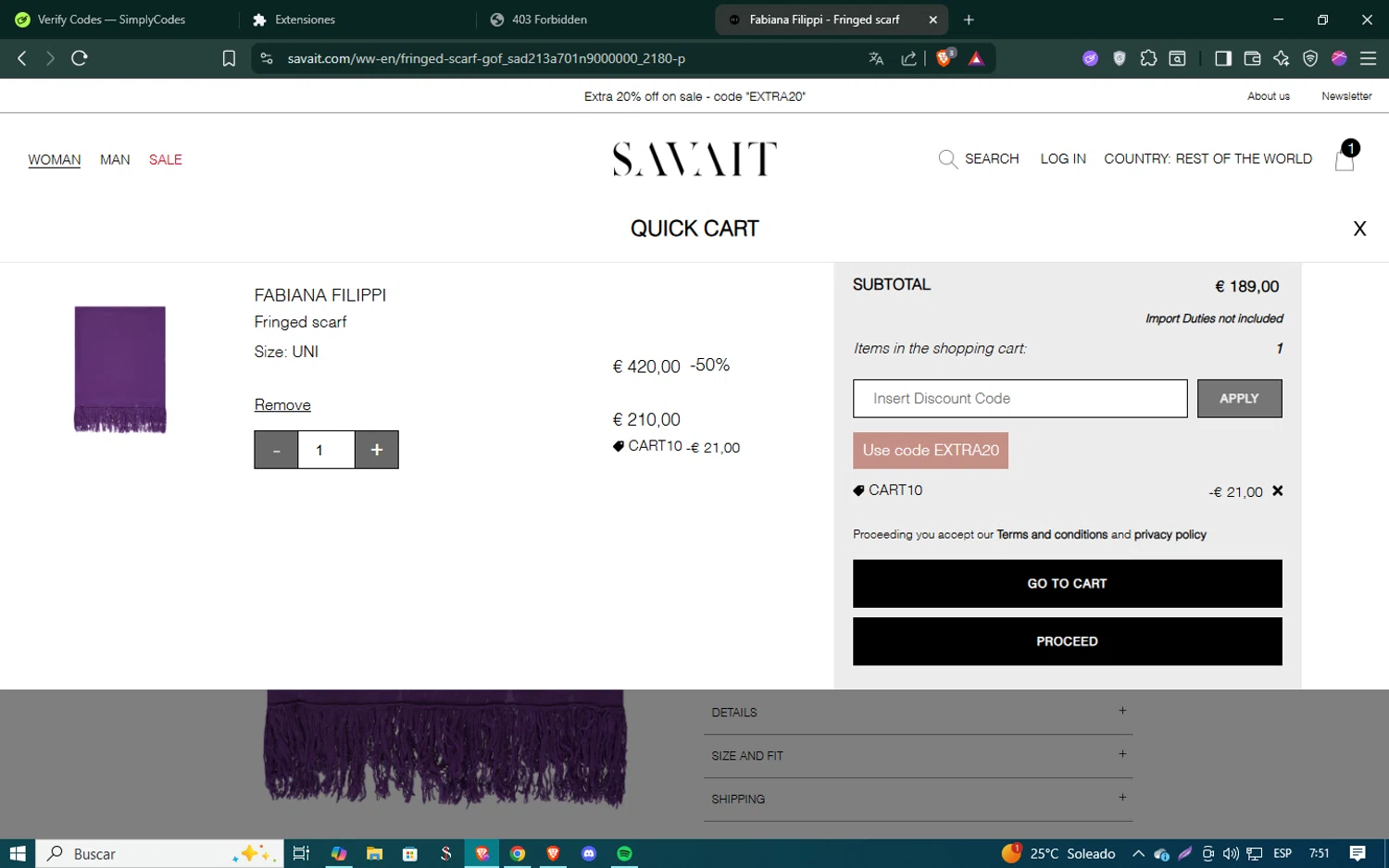 Savait discount code screenshot showing code CART10 applied at Savait checkout page. Uploaded by SimplyCodes community member SmartSaver5448 on Jul 12, 2025