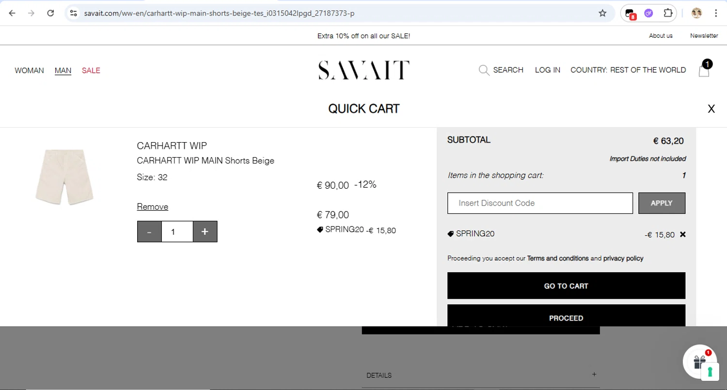 Savait discount code screenshot showing code SPRING20 applied at Savait checkout page. Uploaded by SimplyCodes community member Fabio05 on May 2, 2025