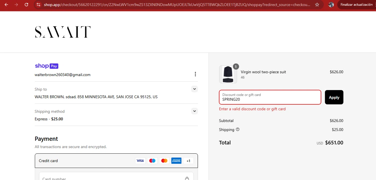 Savait discount code screenshot showing code SPRING20 applied at Savait checkout page. Uploaded by SimplyCodes community member kimberlinmartinez on May 2, 2025