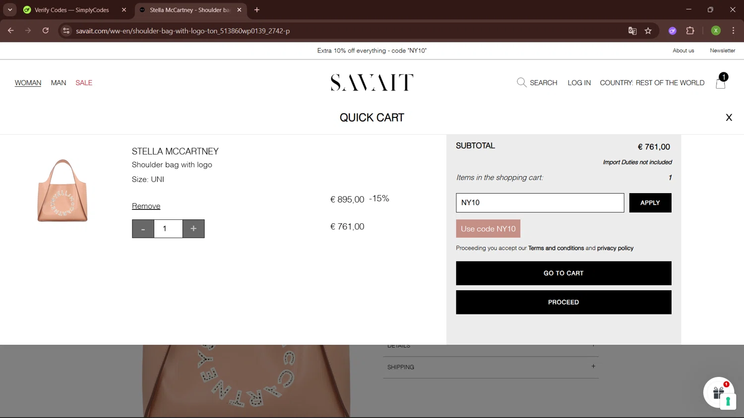 Savait checkout page showing Savait discount code box | Screenshot taken by SimplyCodes community member on Jan 11, 2026