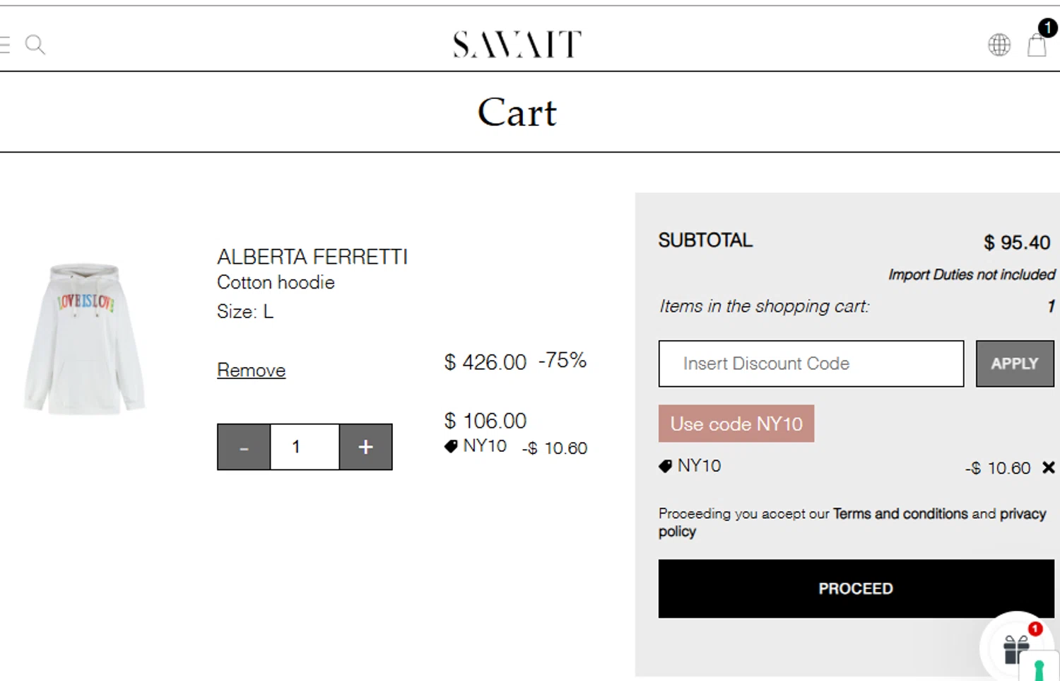 Savait promo code screenshot showing code NY10 applied at Savait checkout page. Uploaded by SimplyCodes community member chepipi on Jan 11, 2026