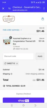 SWEET10 coupon verification screenshot