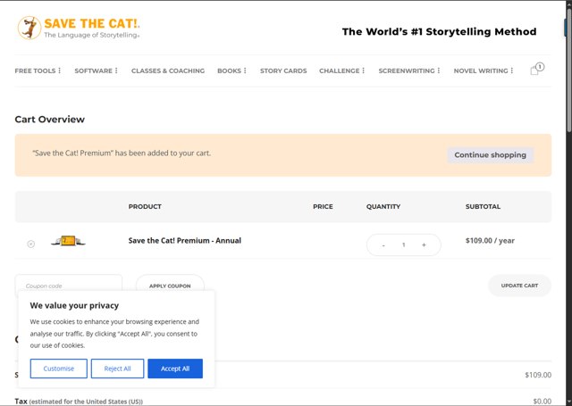 Save the Cat! checkout page showing Save the Cat! coupon code box | Screenshot taken by SimplyCodes community member on Aug 21, 2025