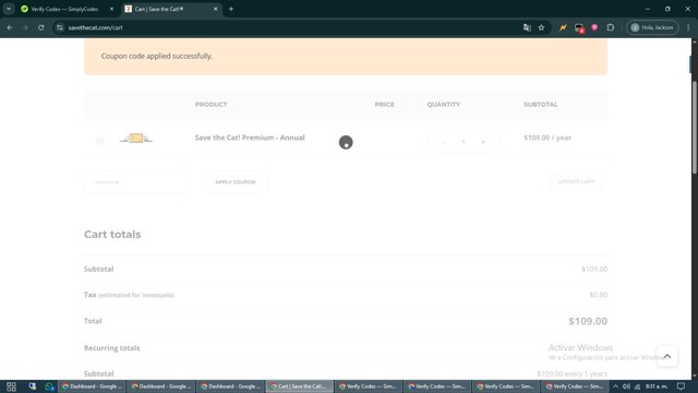 Save the Cat! checkout page showing Save the Cat! coupon code box | Screenshot taken by SimplyCodes community member on Jun 5, 2025