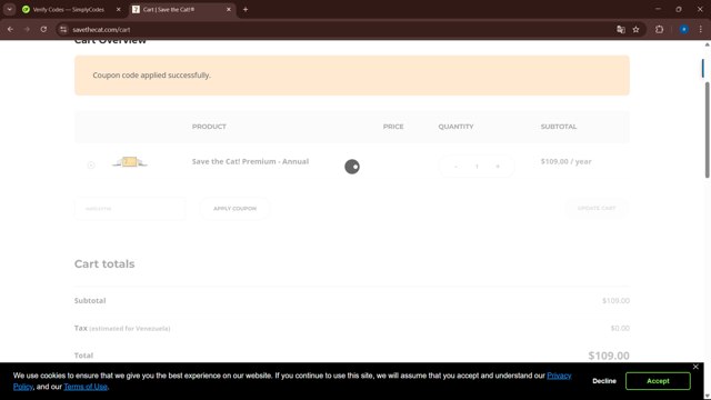 Save the Cat! checkout page showing Save the Cat! coupon code box | Screenshot taken by SimplyCodes community member on Apr 4, 2025