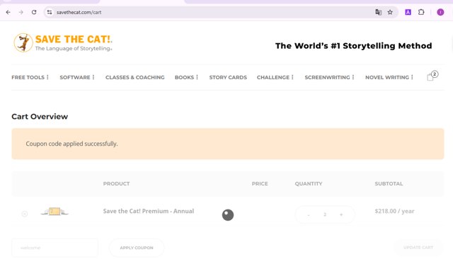 Save the Cat! checkout page showing Save the Cat! coupon code box | Screenshot taken by SimplyCodes community member on Dec 19, 2024