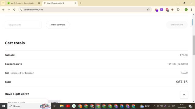 Save the Cat! checkout page showing Save the Cat! coupon code box | Screenshot taken by SimplyCodes community member on Jan 30, 2025