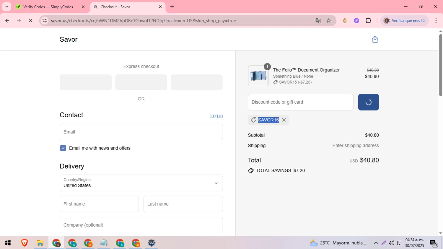 Savor promo code screenshot showing code SAVOR15 applied at Savor checkout page. Uploaded by SimplyCodes community member DiscountDefender1226 on Jul 30, 2025