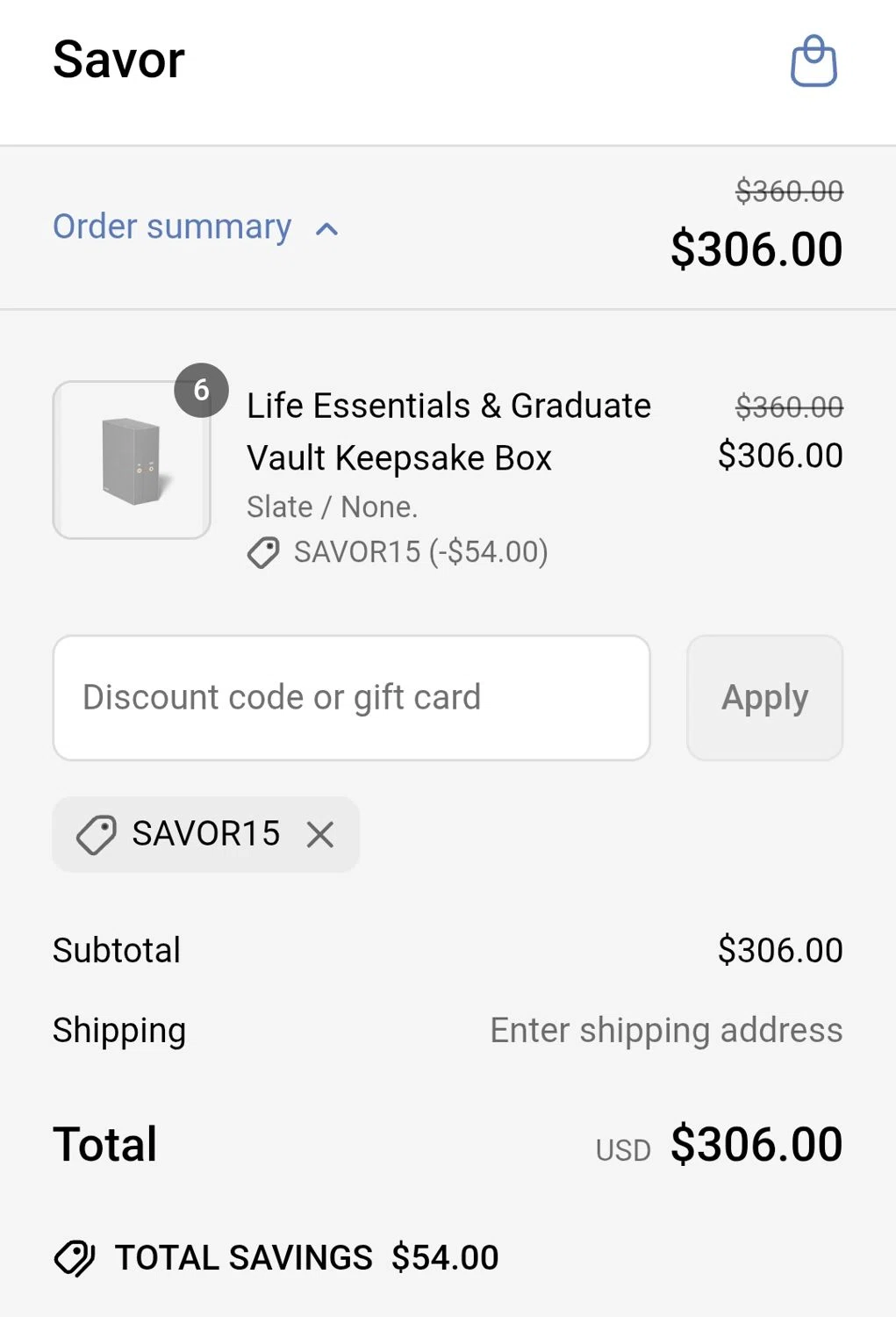 Savor promo code screenshot showing code SAVOR15 applied at Savor checkout page. Uploaded by SimplyCodes community member PrimeEagle9191 on Jun 17, 2025