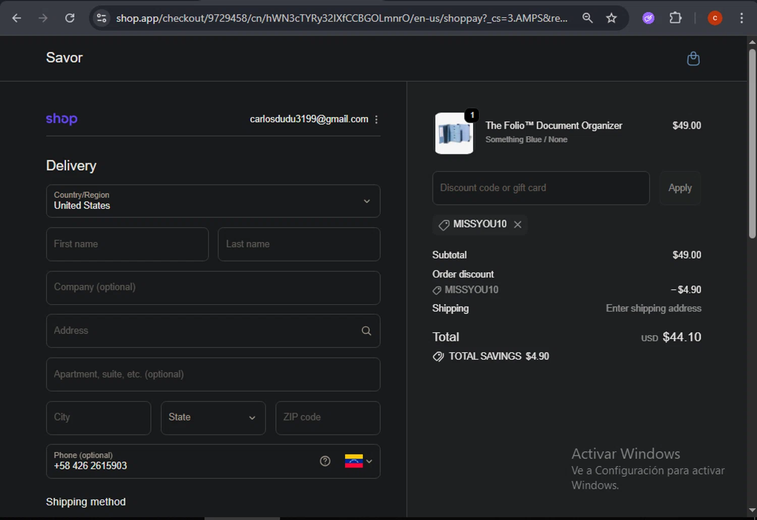 Savor promo code screenshot showing code MISSYOU10 applied at Savor checkout page. Uploaded by SimplyCodes community member CashSage6731 on Oct 1, 2025