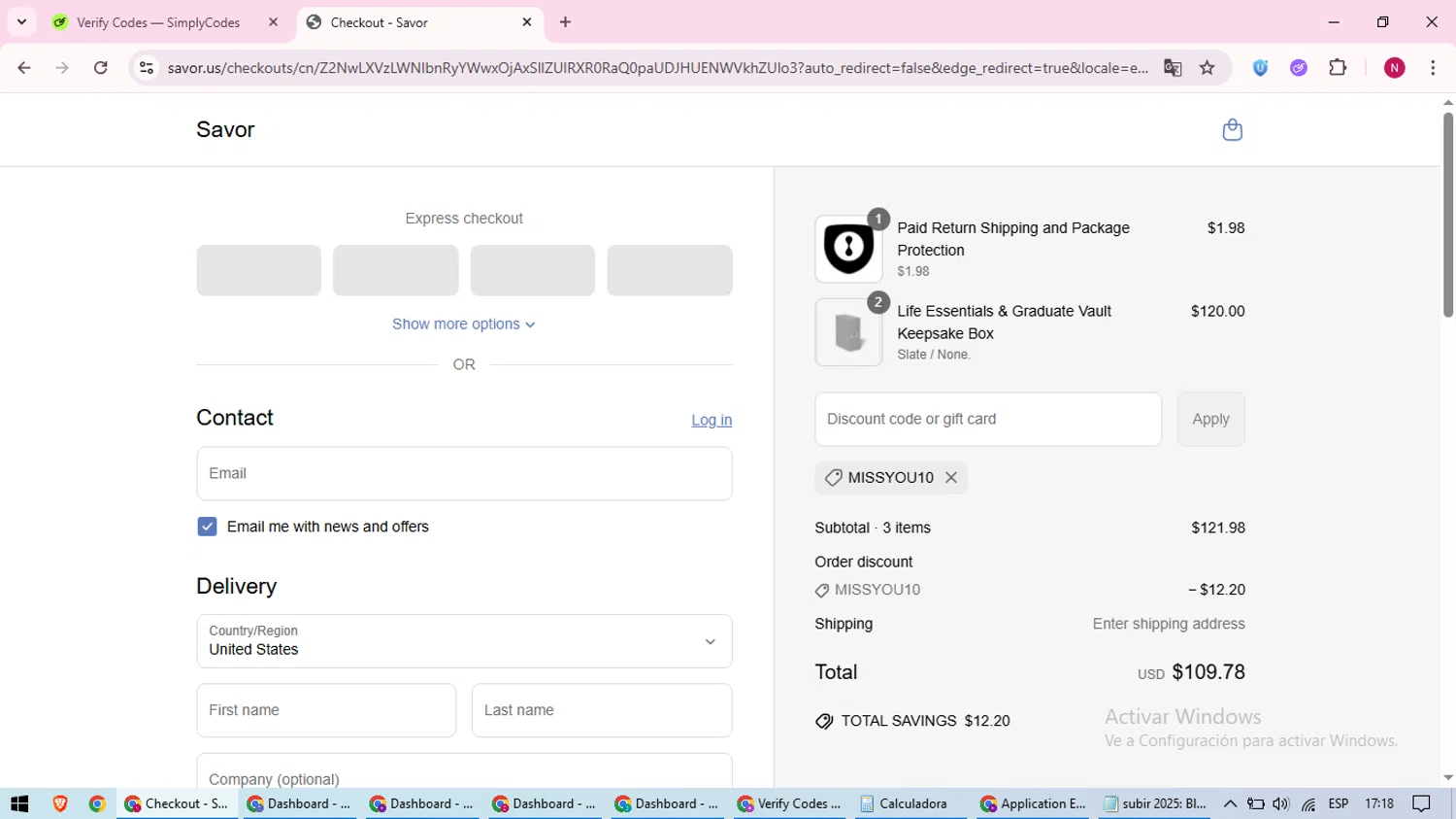 Savor promo code screenshot showing code MISSYOU10 applied at Savor checkout page. Uploaded by SimplyCodes community member CoinWizard8578 on Jun 29, 2025