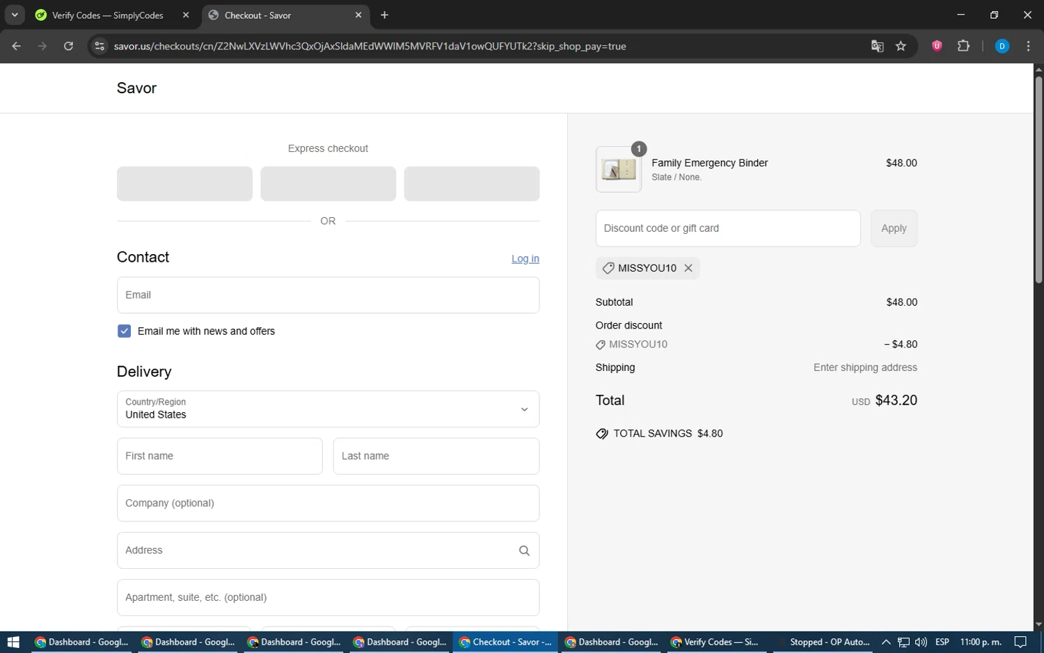Savor promo code screenshot showing code MISSYOU10 applied at Savor checkout page. Uploaded by SimplyCodes community member LegendaryWarden2503 on Jun 5, 2025