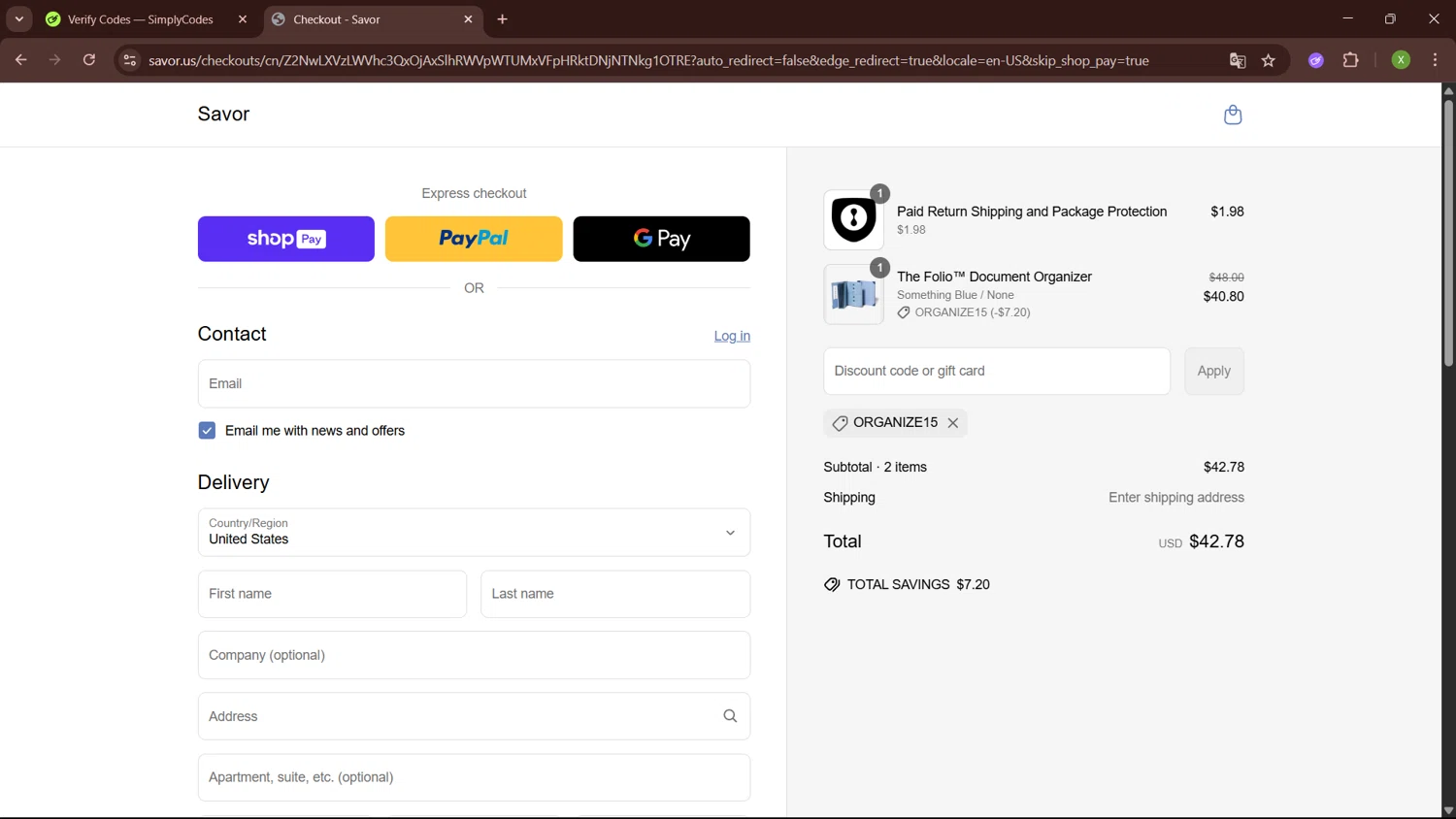 Savor promo code screenshot showing code ORGANIZE15 applied at Savor checkout page. Uploaded by SimplyCodes community member SaleTiger1087 on Jun 14, 2025