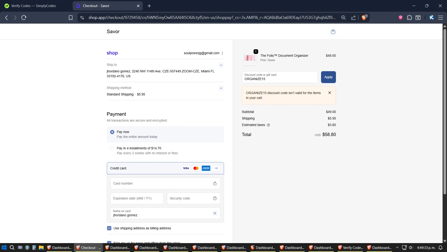 Savor promo code screenshot showing code ORGANIZE15 applied at Savor checkout page. Uploaded by SimplyCodes community member verifier_983798000 on Nov 27, 2025
