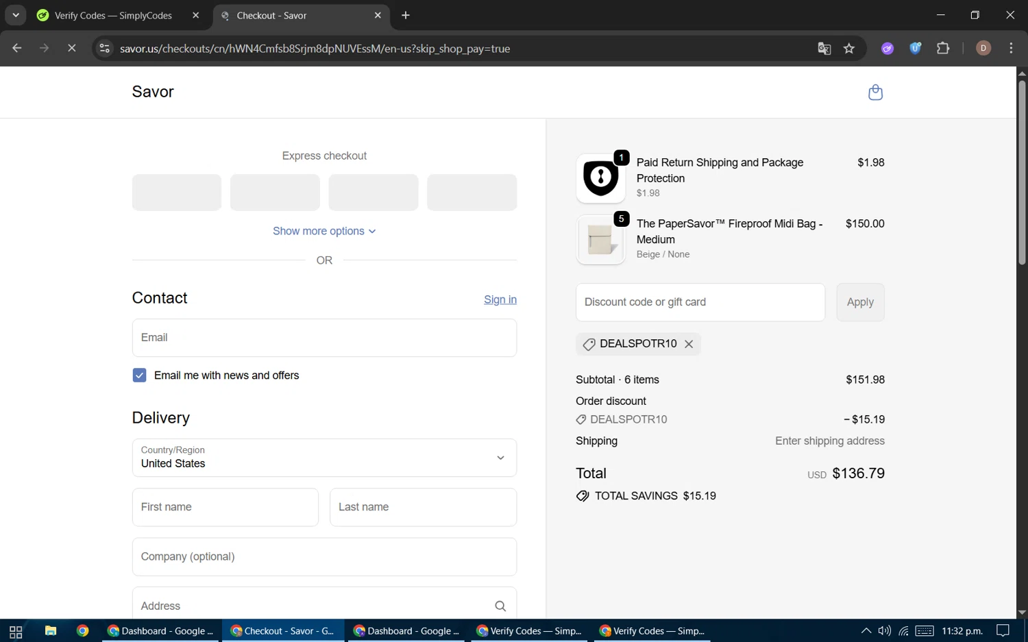Savor promo code screenshot showing code DEALSPOTR10 applied at Savor checkout page. Uploaded by SimplyCodes community member BrilliantWizard8884 on Oct 17, 2025