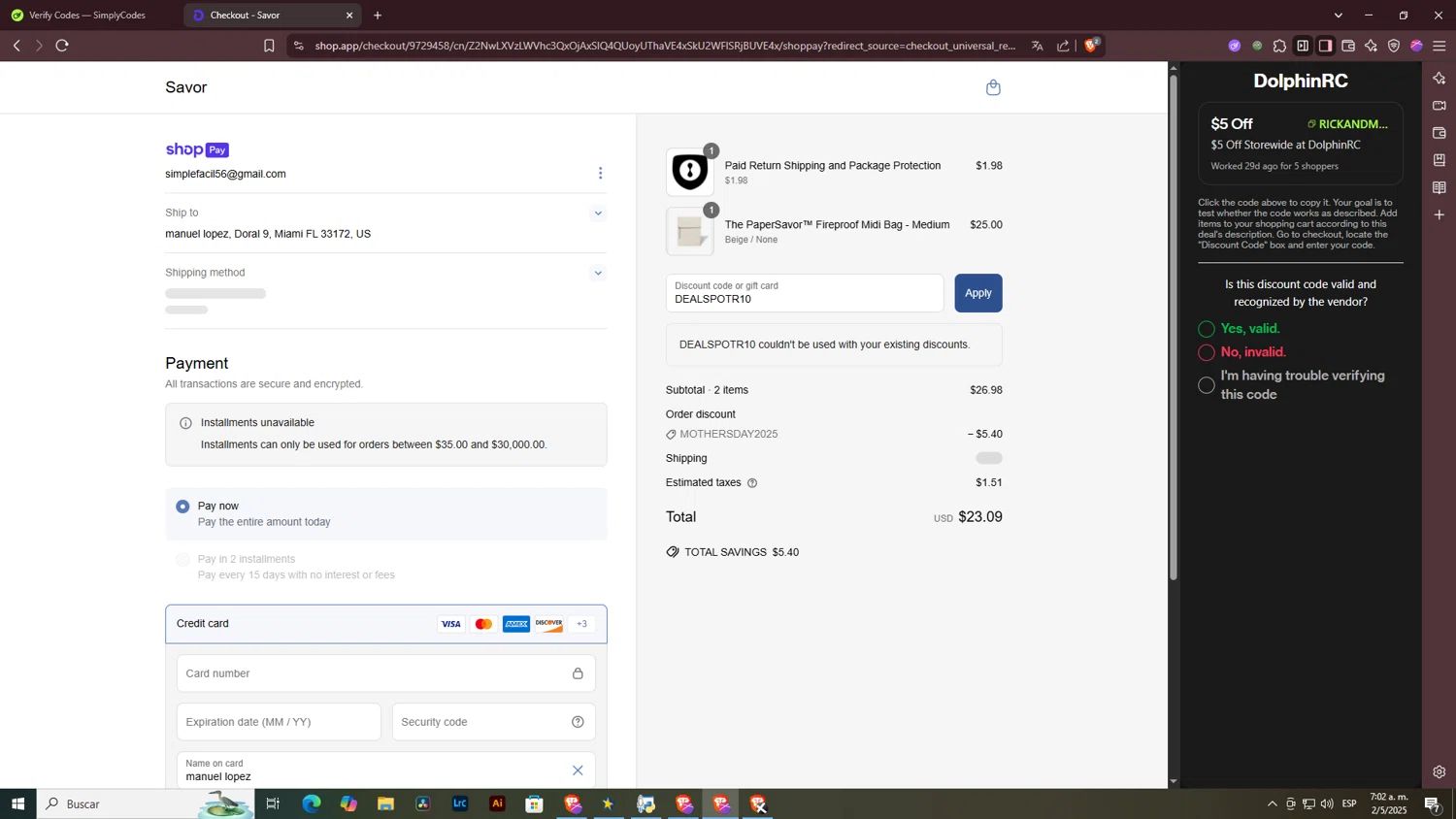 Savor promo code screenshot showing code DEALSPOTR10 applied at Savor checkout page. Uploaded by SimplyCodes community member ArtPOPO on May 2, 2025