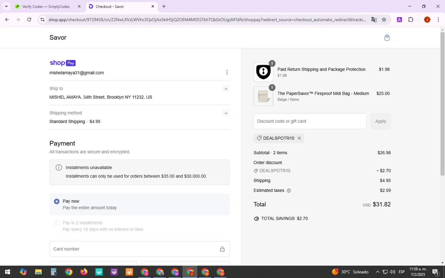 Savor promo code screenshot showing code DEALSPOTR10 applied at Savor checkout page. Uploaded by SimplyCodes community member MarkZuckerberg on Feb 7, 2025