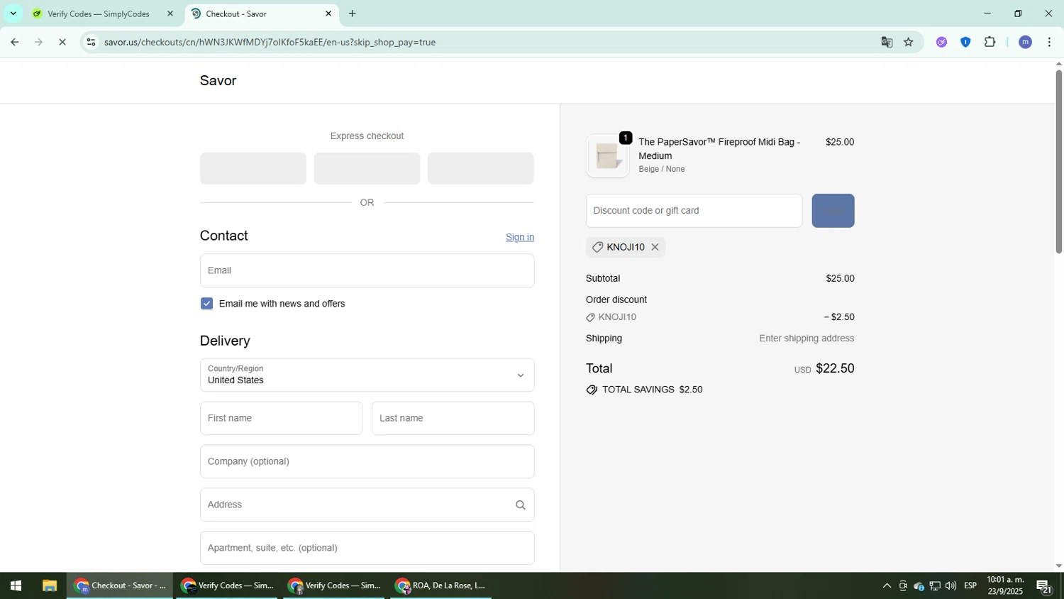 Savor promo code screenshot showing code KNOJI10 applied at Savor checkout page. Uploaded by SimplyCodes community member QuestDefender2661 on Sep 23, 2025