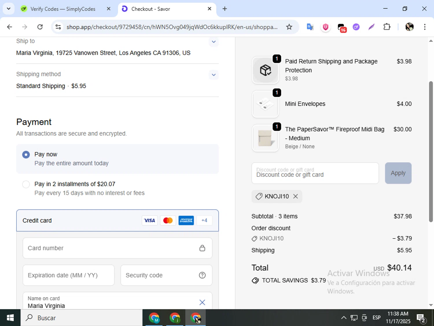 Savor promo code screenshot showing code KNOJI10 applied at Savor checkout page. Uploaded by SimplyCodes community member mariapolancog on Nov 17, 2025