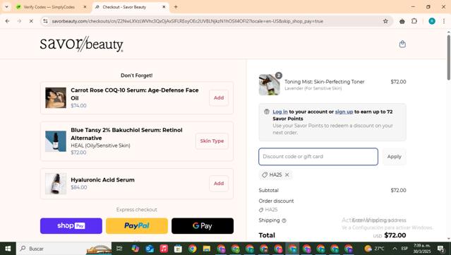 Savor Beauty checkout page showing Savor Beauty discount code box | Screenshot taken by SimplyCodes community member on Mar 30, 2025