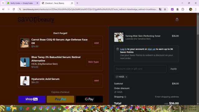 Savor Beauty checkout page showing Savor Beauty discount code box | Screenshot taken by SimplyCodes community member on Mar 1, 2025