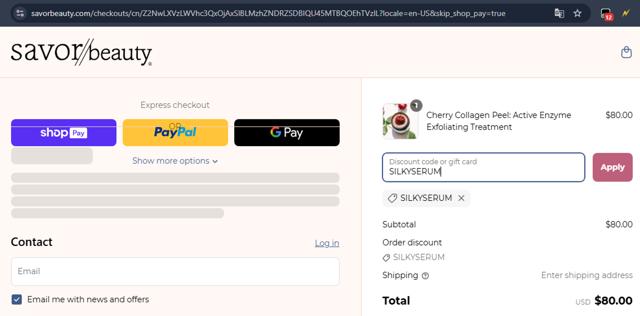 Savor Beauty checkout page showing Savor Beauty discount code box | Screenshot taken by SimplyCodes community member on Mar 17, 2025